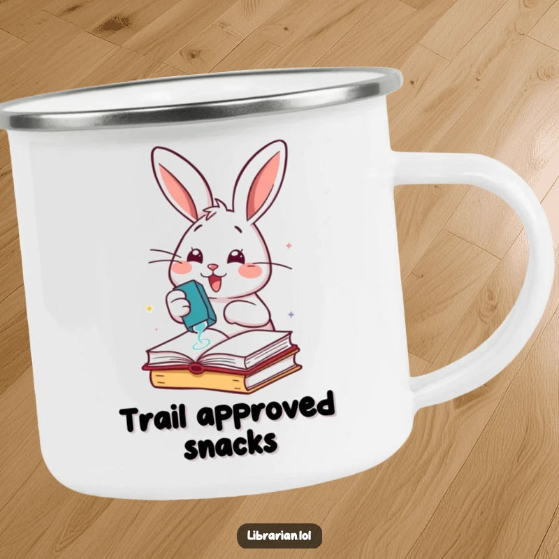 Funny cheerful rabbit enthusiastically stamping books with a rubber stamp, on a durable camping mug.