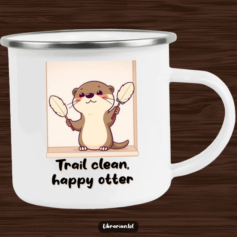 Funny Camping Mug featuring a satisfied cartoon otter dusting a shelf with a feather duster, perfect for outdoor tidiness and humor.