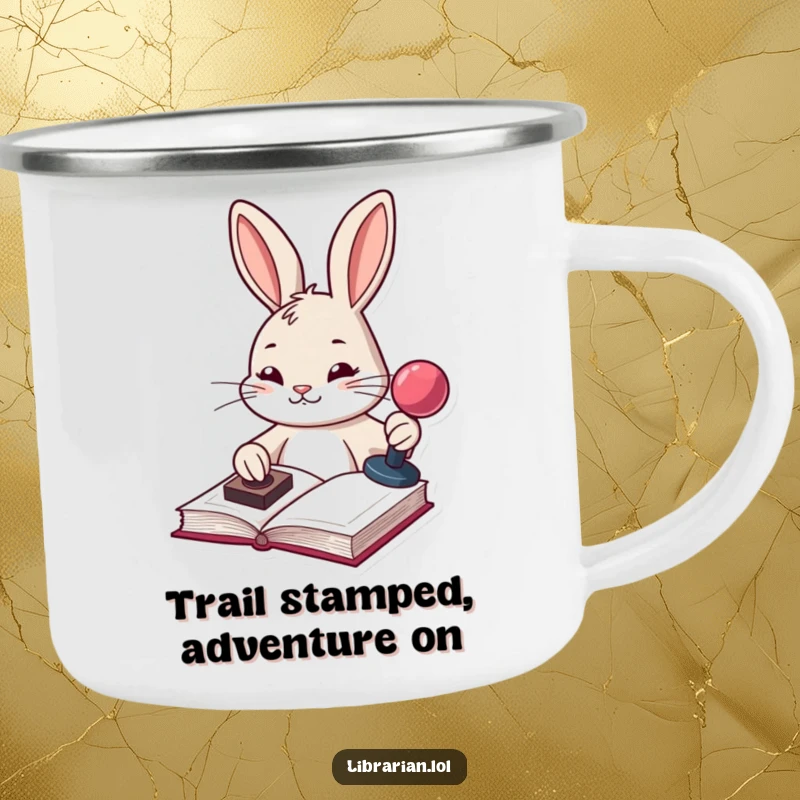 Funny determined bunny stamping a book with a stamp pad, on a sturdy camping mug for organized adventurers.