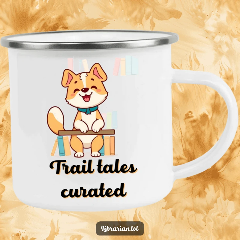 Funny Camping Mug: Happy dog librarian arranging books on a high shelf, tail wagging, durable enamel.