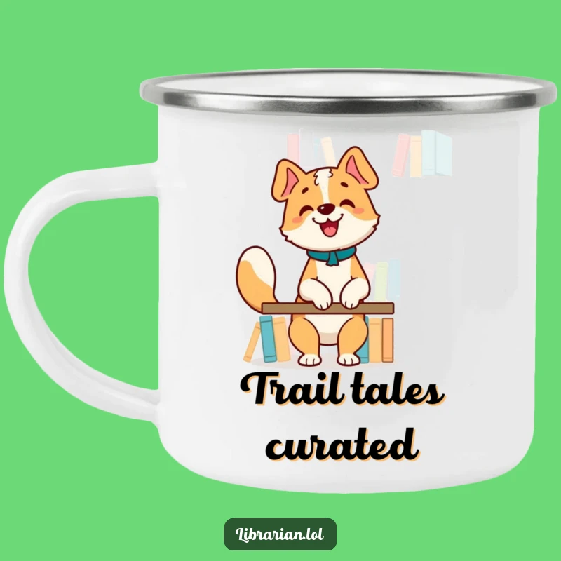 Funny Dog Librarian Camping Mug - Enamel Bookworm Camp Cup Gift