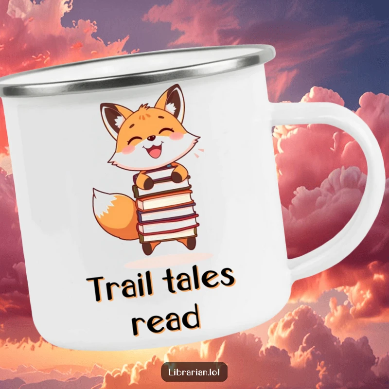 Funny enamel camping mug with a smiling fox juggling books, perfect for outdoor reading and humor.