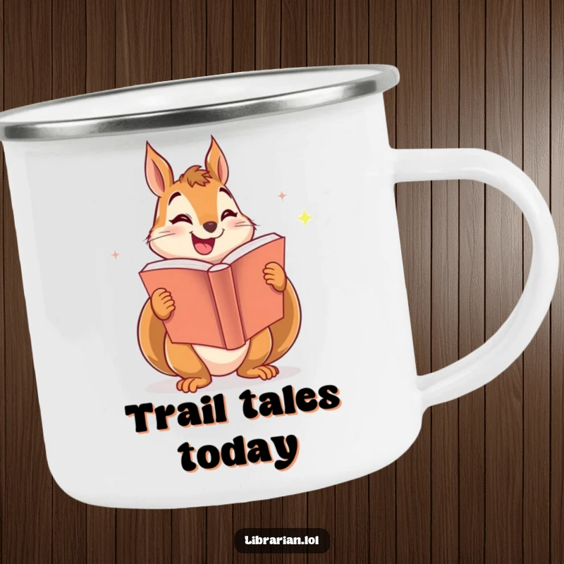 Funny camping mug featuring a smiling squirrel enthusiastically sharing a large, sparkling book, perfect for outdoor reading.