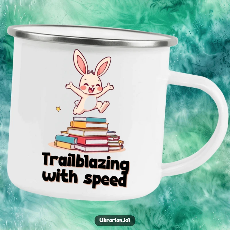 Funny Bunny Camping Mug: A robust mug featuring an energetic bunny leaping over overdue books, perfect for outdoor reading enthusiasts.