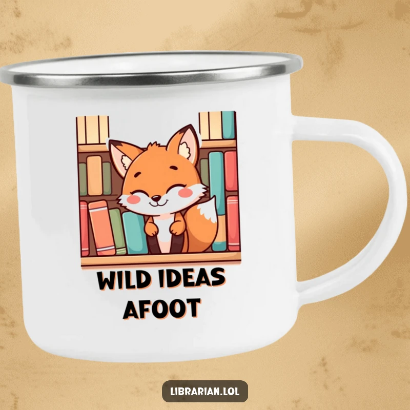 Funny playful fox with a mischievous grin peeking from behind books, on a sturdy camping mug for outdoor fun.