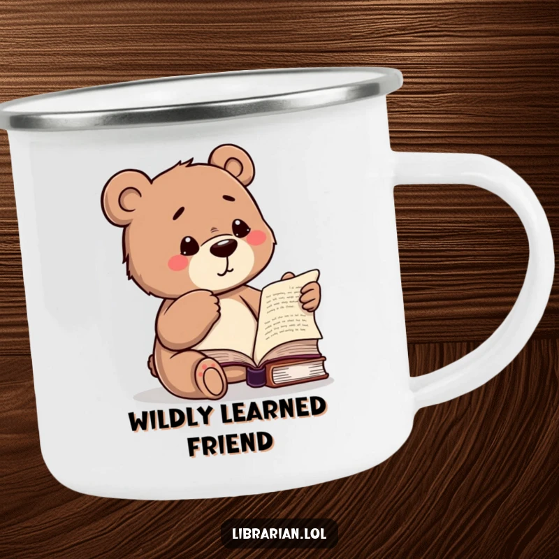 Funny camping mug featuring a studious bear winking and pointing to a book, perfect for outdoor reading.