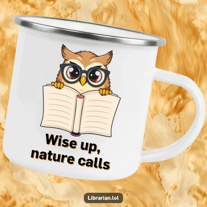 Funny owl with spectacles peeking over a book, on a sturdy camping mug, ideal for outdoor enthusiasts.