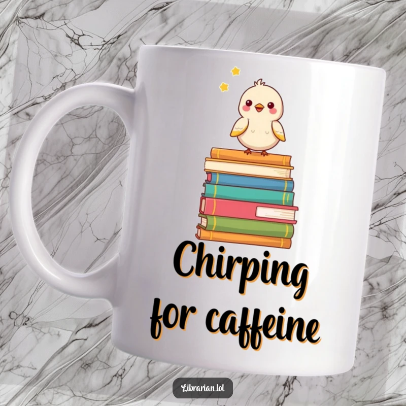 Funny bird mug featuring a happy little bird perched atop a stack of books, chirping with delight.