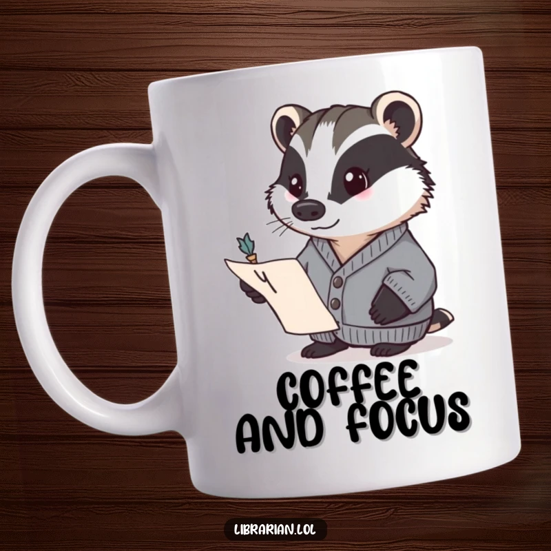 Funny badger in a cardigan, determinedly pointing to a page with a quill. A humorous mug, perfect funny gift.