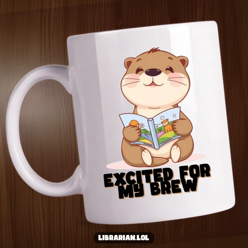 Funny otter mug depicting a sweet otter enthusiastically showing a child a picture book, promoting reading joy.