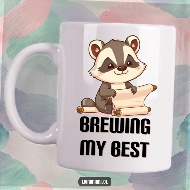 Funny determined cartoon badger efficiently organizing scrolls with focused joy on a mug.