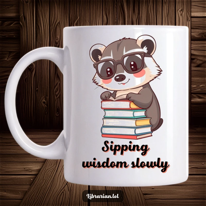 Funny happy badger wearing reading glasses, patting books, representing wisdom and love for reading.