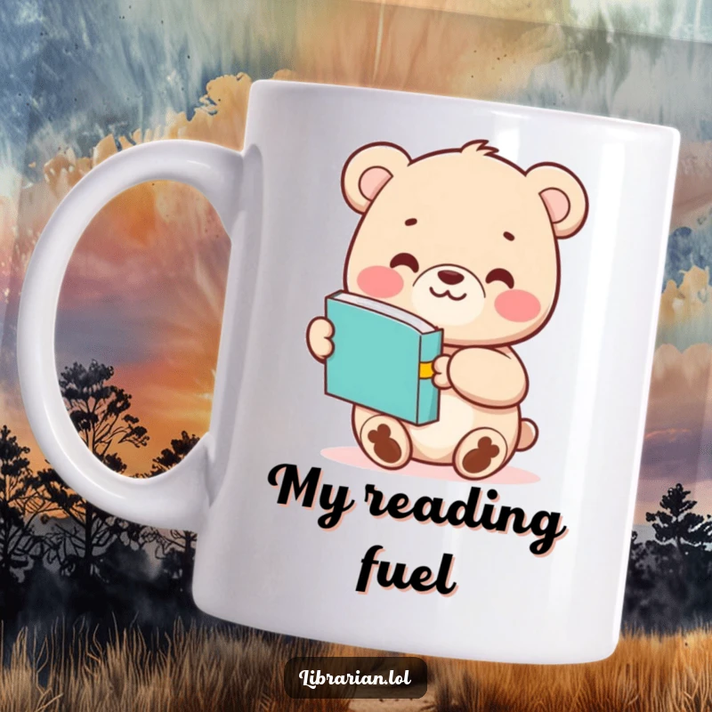 Funny Bear Cub mug holding an open book, offering it with a friendly smile and extended paw, conveying warmth and reading joy.
