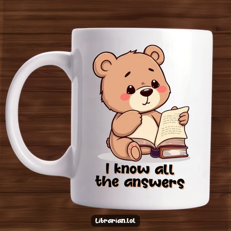 Funny bear mug with a studious bear winking and pointing to a book, suggesting secret knowledge for bookworms.