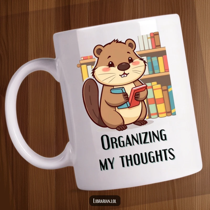 Funny, determined beaver diligently organizing a bookshelf with books, symbolizing focused dedication to tidiness and literature.