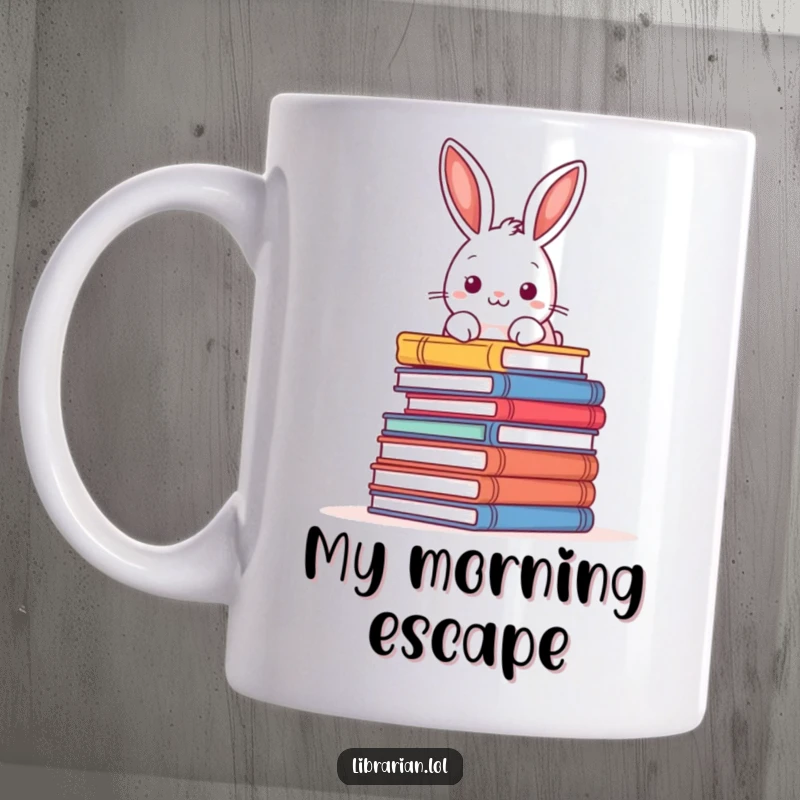Funny mug showcasing a playful rabbit peeking excitedly over a massive pile of books, celebrating the love of reading.