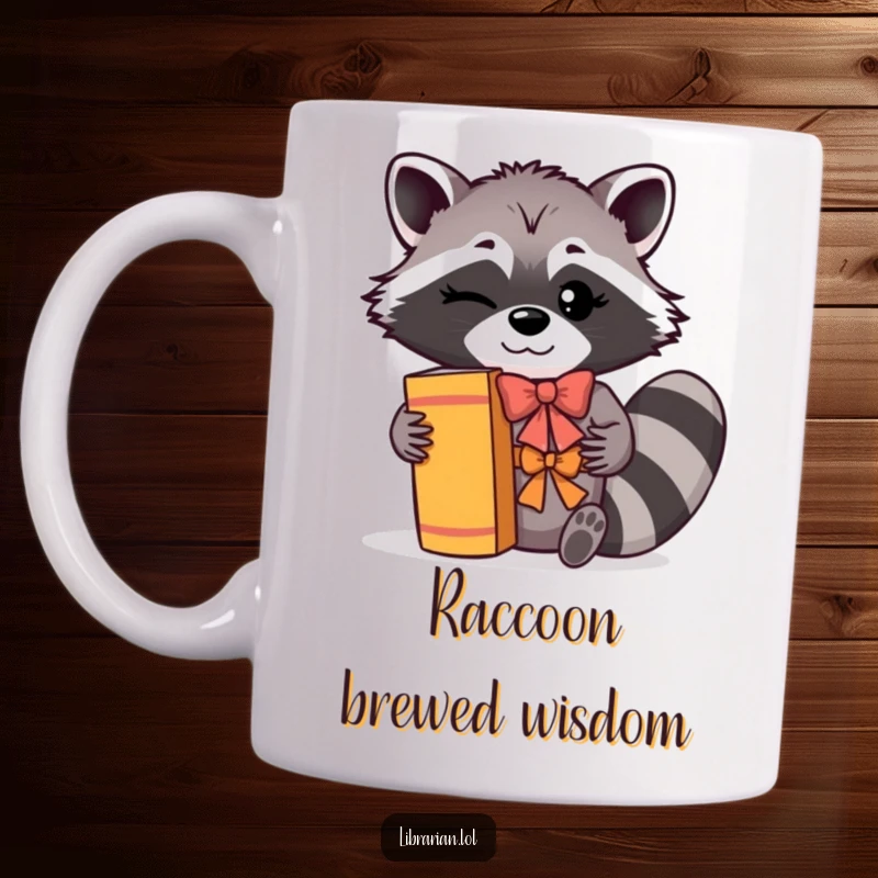 Funny Mug: A winking raccoon shelves books with flair, adding a cheerful bow, embodying bookish delight.