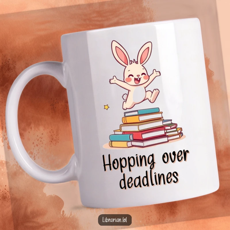 Funny Bunny Mug: An energetic bunny leaps over overdue books, symbolizing freedom from tasks and a love for reading.