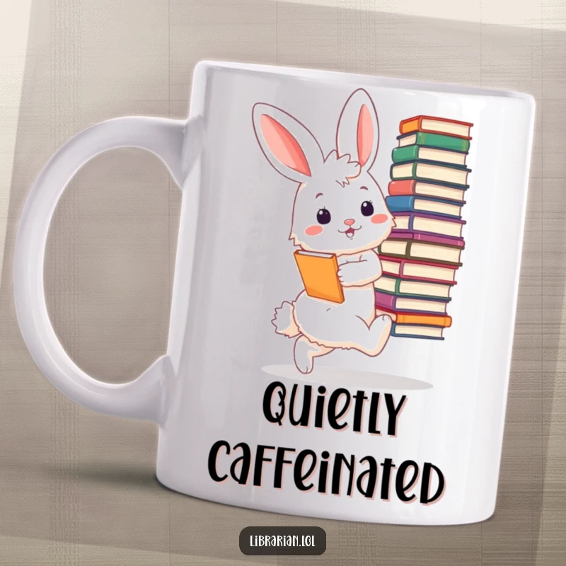 Funny bunny librarian mug, a fluffy bunny tiptoeing, holding a huge stack of books, looking very pleased and happy.