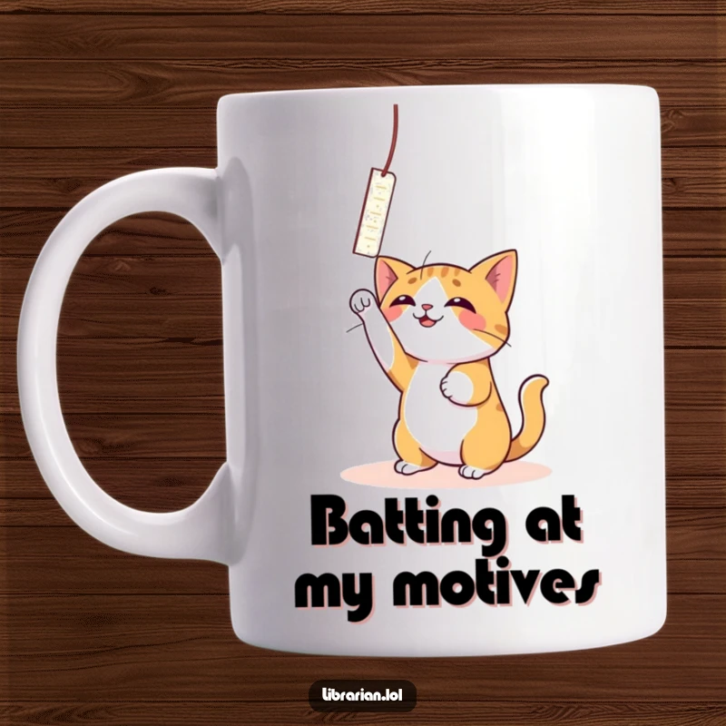 Funny Cat Bookmark Mug: A playful cat excitedly bats at a dangling bookmark with pure joy.