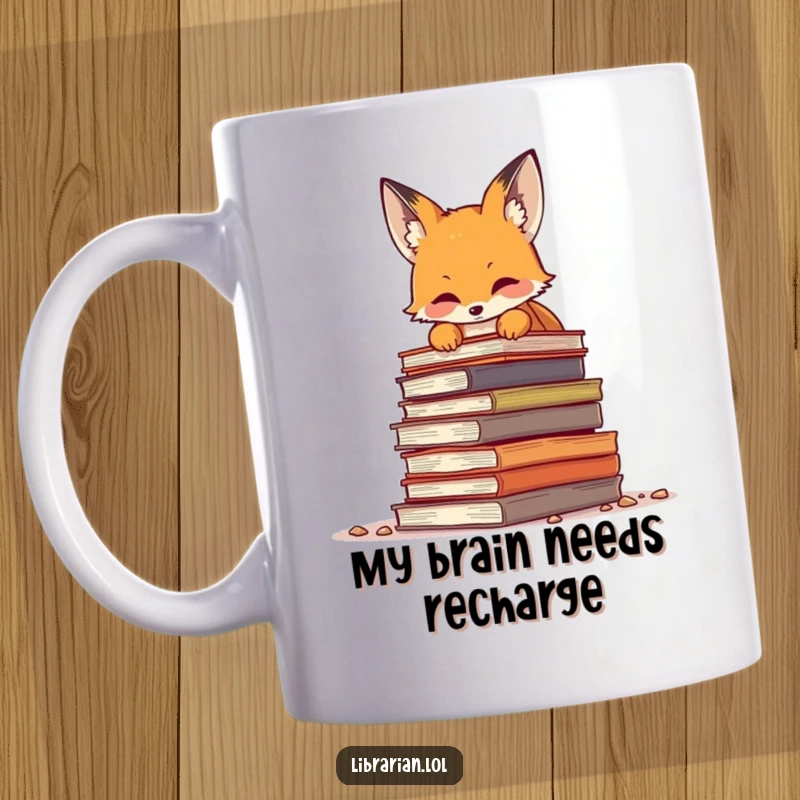 Funny fox peeking over a huge stack of old books, looking inquisitive and ready for a literary adventure, perfect for bookworms.