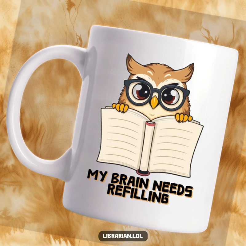 Funny owl wearing spectacles peeking over a huge book, expressing curiosity and love for reading on this fun mug.