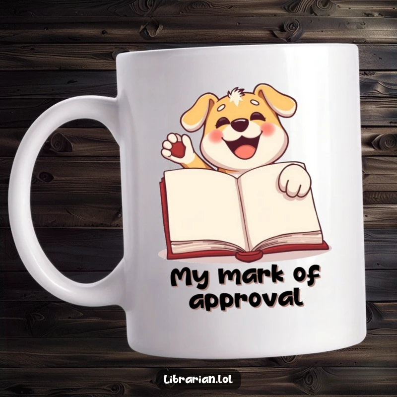Funny dog mug, a happy canine enthusiastically stamping a large book with its paw, showing a love for reading and excitement.