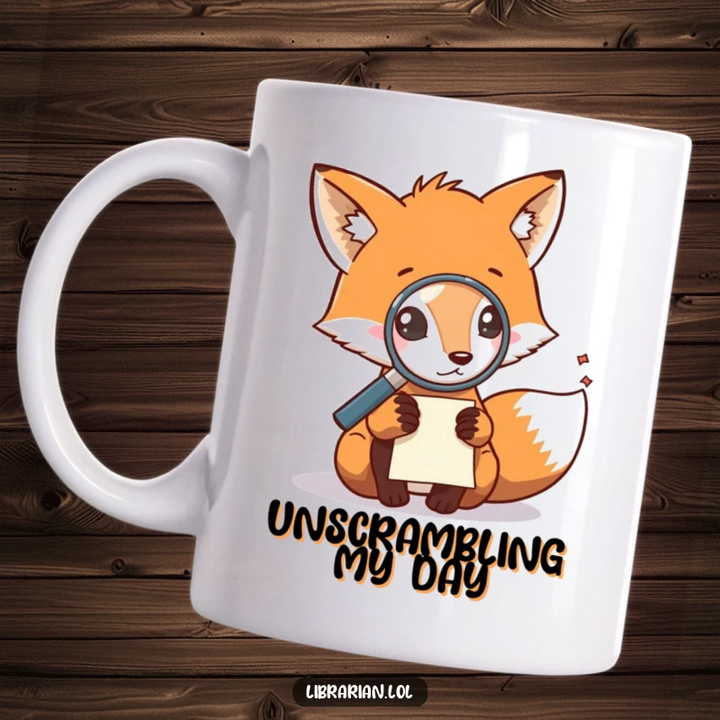 Funny mug featuring a fox with a magnifying glass examining a tiny, scattered note, a detective's delight.