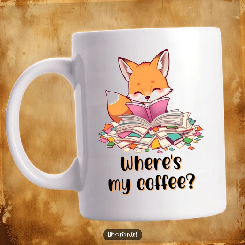 Funny mug illustrating a curious fox carefully sorting through colorful, scattered book pages. A charming and humorous gift for book lovers.