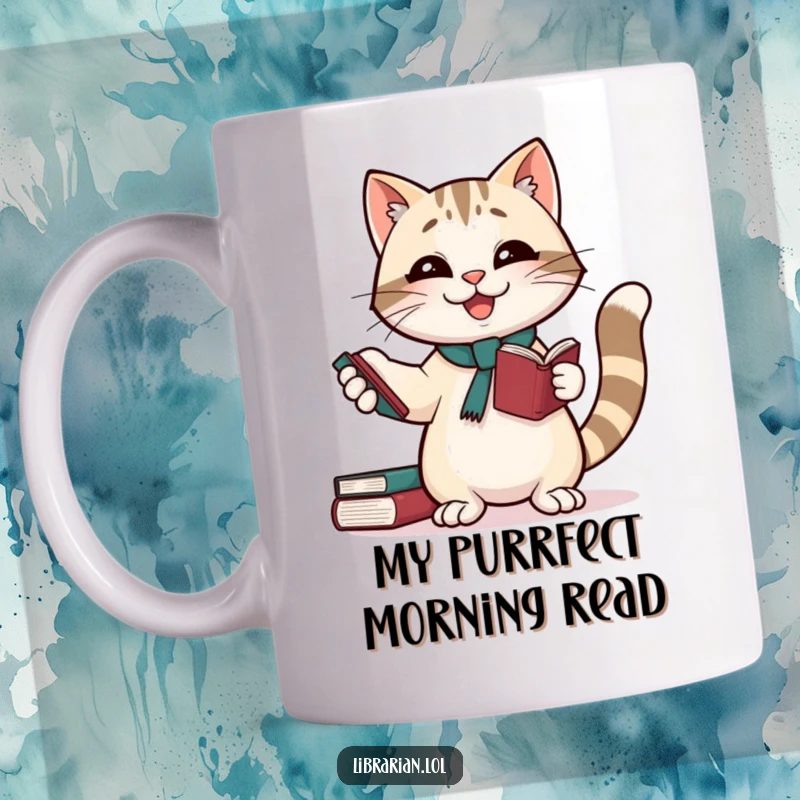 Funny mug: A giggling cat librarian playfully juggles three books, tail high in amusement, perfect for a funny gift.