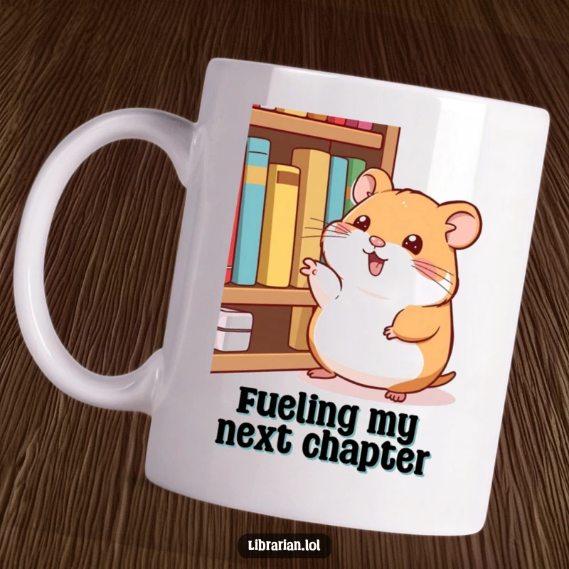 Funny Mug: Happy hamster tapping its foot, pointing to a shelf of books, encouraging reading with humor.