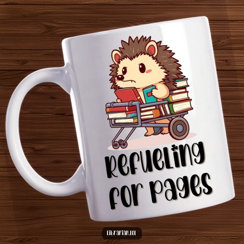 Funny Mug: Determined hedgehog librarian pushing a book cart, looking very focused, represents studiousness.
