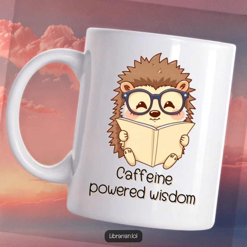 Funny mug depicting a happy hedgehog wearing reading glasses, intently studying a tiny scroll. Charming and humorous for scholars.
