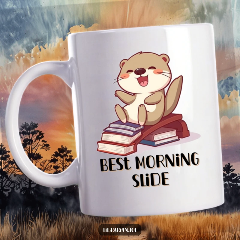 Funny joyful otter sliding down a book ramp with glee on a coffee mug, celebrating reading and playful exuberance.