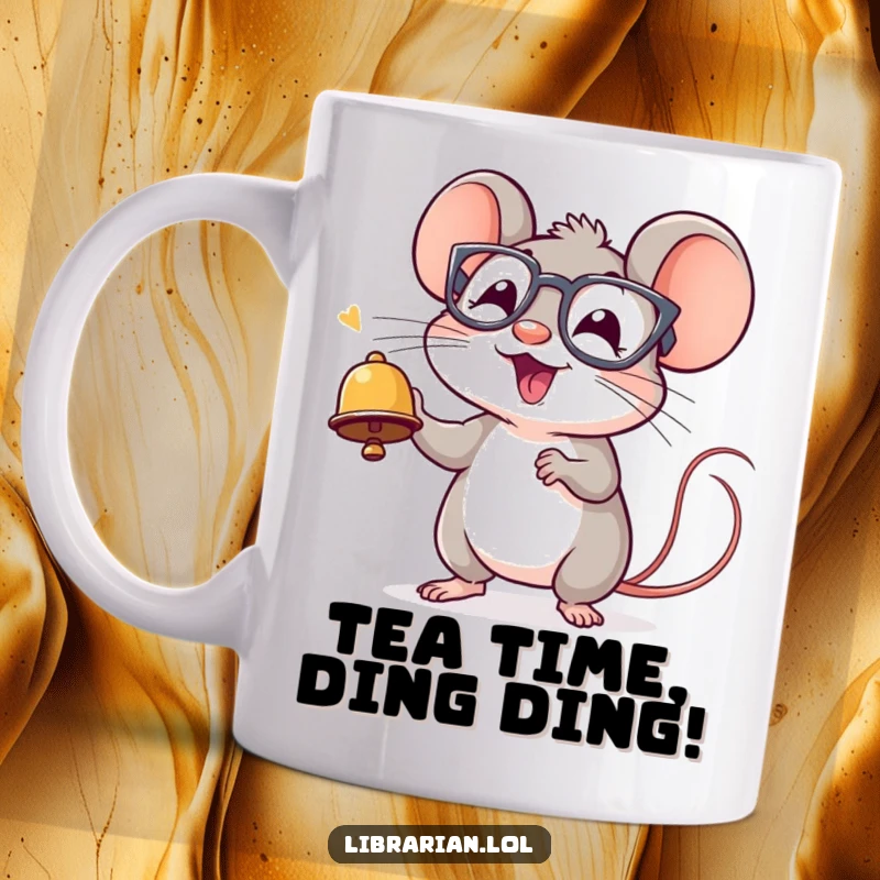 Funny mug featuring a cheerful mouse in spectacles ringing a tiny bell with pure excitement and joy.