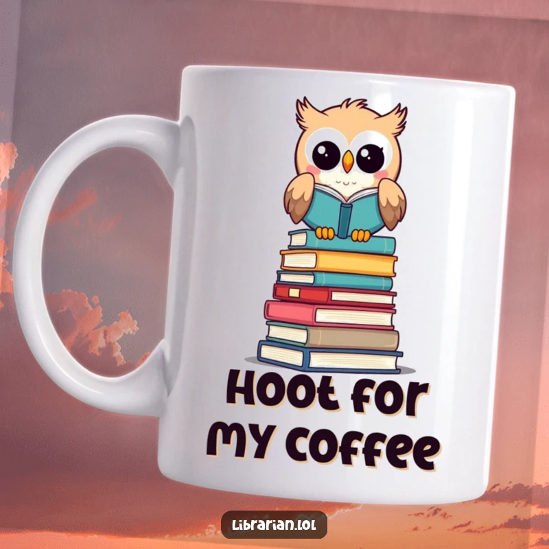 Funny mug: A cheerful owl librarian perches atop books, surveying with joy, a great funny gift.