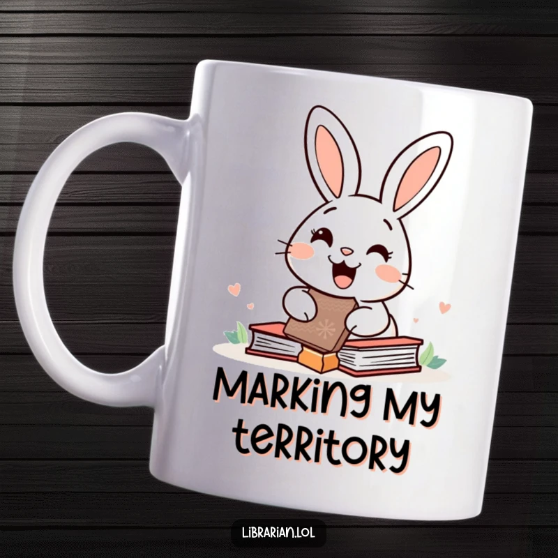 Funny happy rabbit joyfully stamping books with a giant rubber stamp, bringing energetic organization to reading lovers.