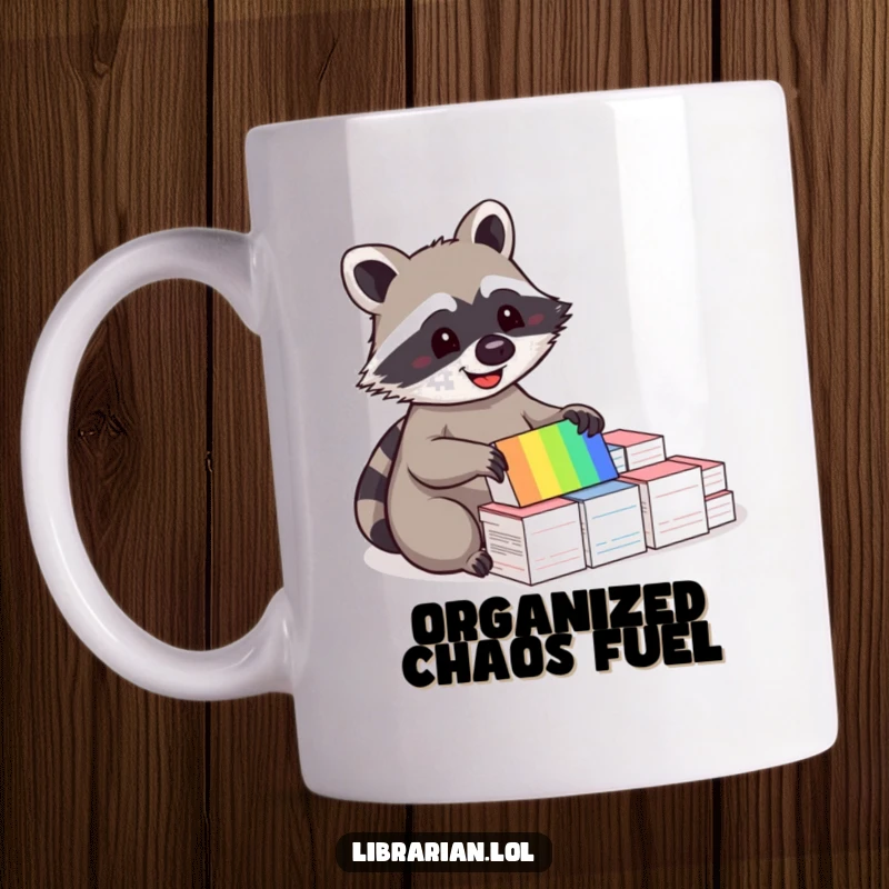 Funny mug featuring a joyful raccoon delightedly sorting a vibrant rainbow of index cards, showcasing organizational bliss.