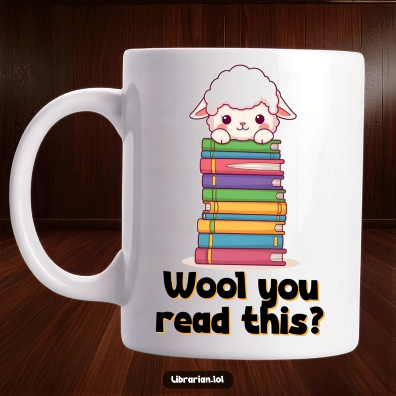 Funny Mug: A fluffy sheep curiously peeks over a very tall stack of colorful, intriguing books.