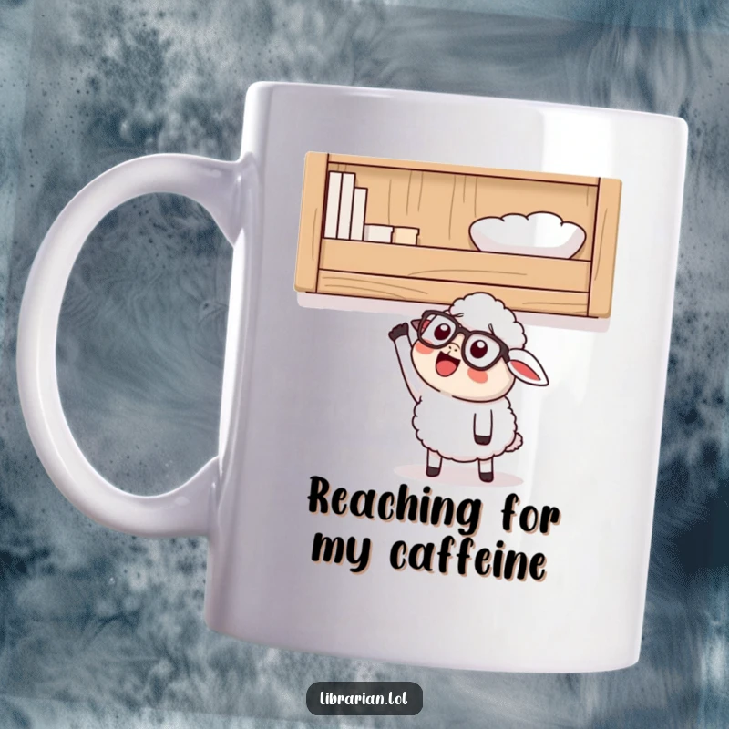 Funny Mug featuring a happy cartoon sheep wearing glasses, looking up at a high shelf, excitedly reaching for knowledge.