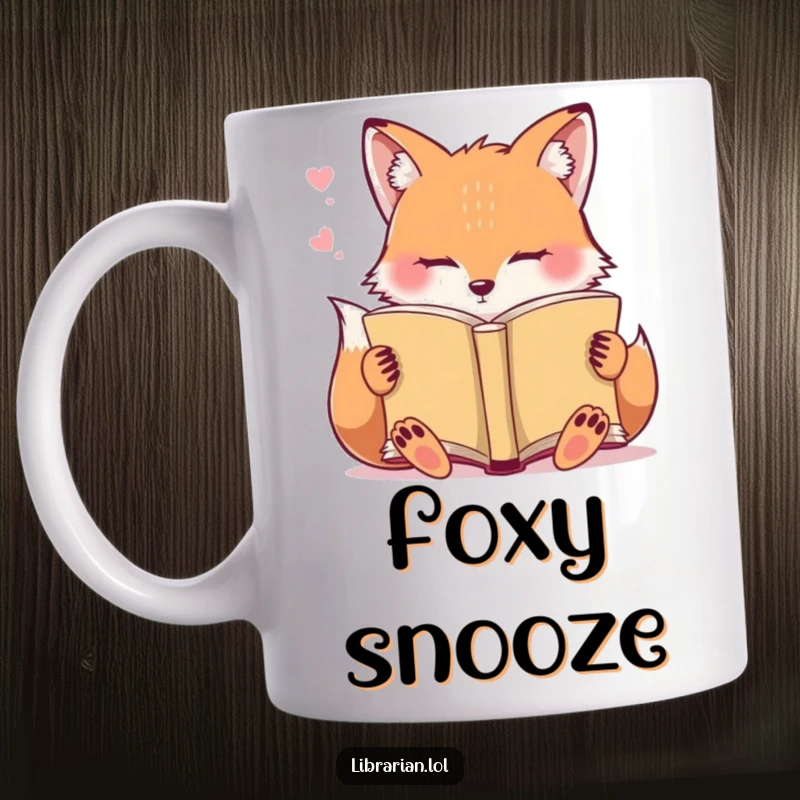 Funny Mug: A sleepy fox gently dozes off, holding an open book precariously.