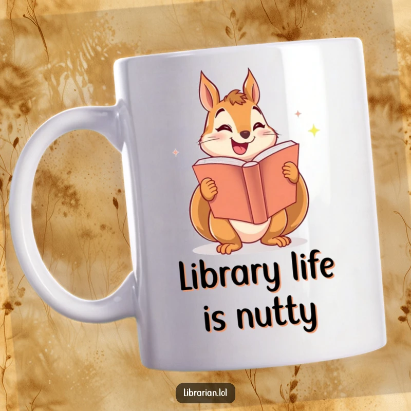 Funny mug featuring a smiling squirrel enthusiastically sharing a huge, sparkling book, conveying a love for reading.