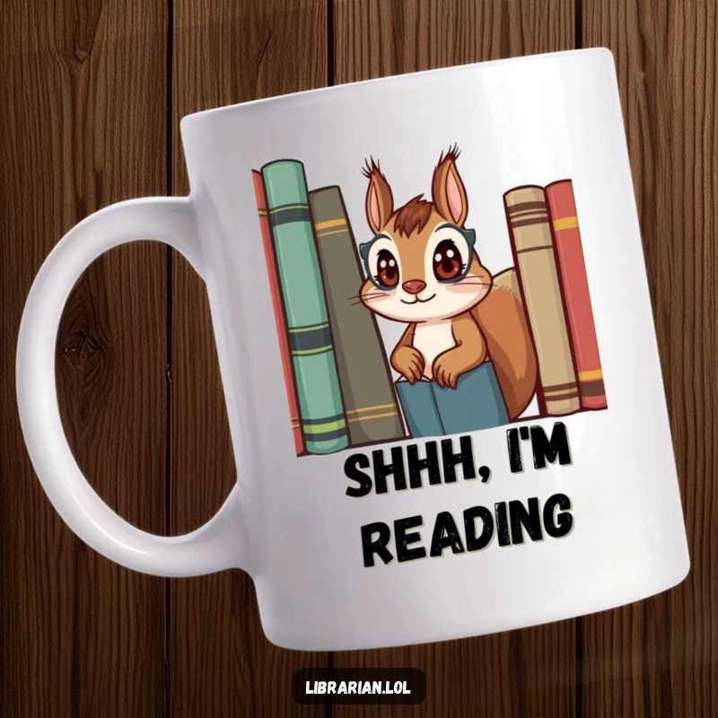 Funny squirrel librarian peeking curiously around a bookshelf, wide eyes, holding a book, perfect gift for book lovers.