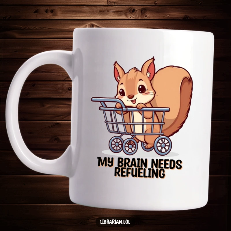 Funny mug with a playful squirrel peeking from behind a book cart, looking mischievous. A delightful and humorous gift for book lovers.