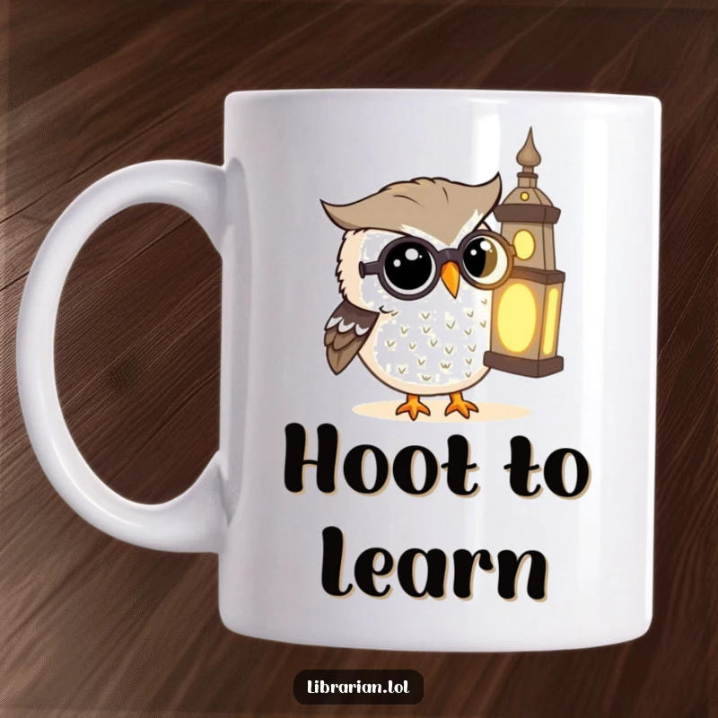Funny Mug: A curious owl wearing spectacles intently peers at a mysterious, glowing ancient book.