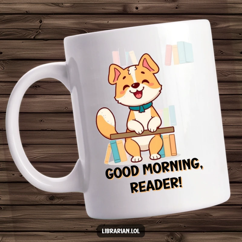 Funny Mug: Happy dog librarian wagging its tail while organizing books on a high shelf, cozy and charming.