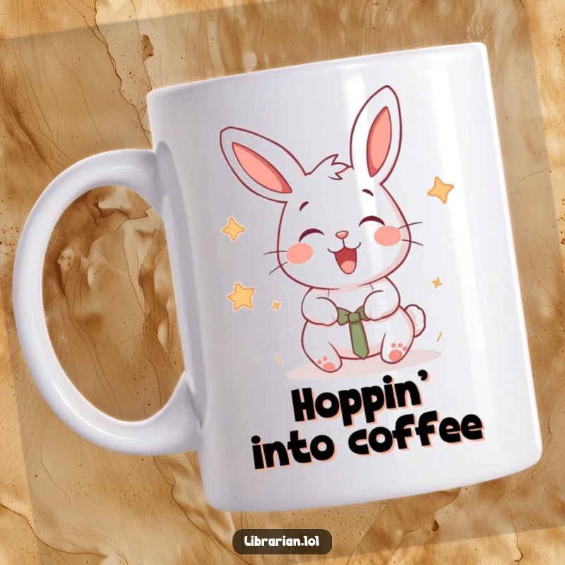 Funny cartoon rabbit delightedly stamping books with a happy, energetic flourish on a mug.