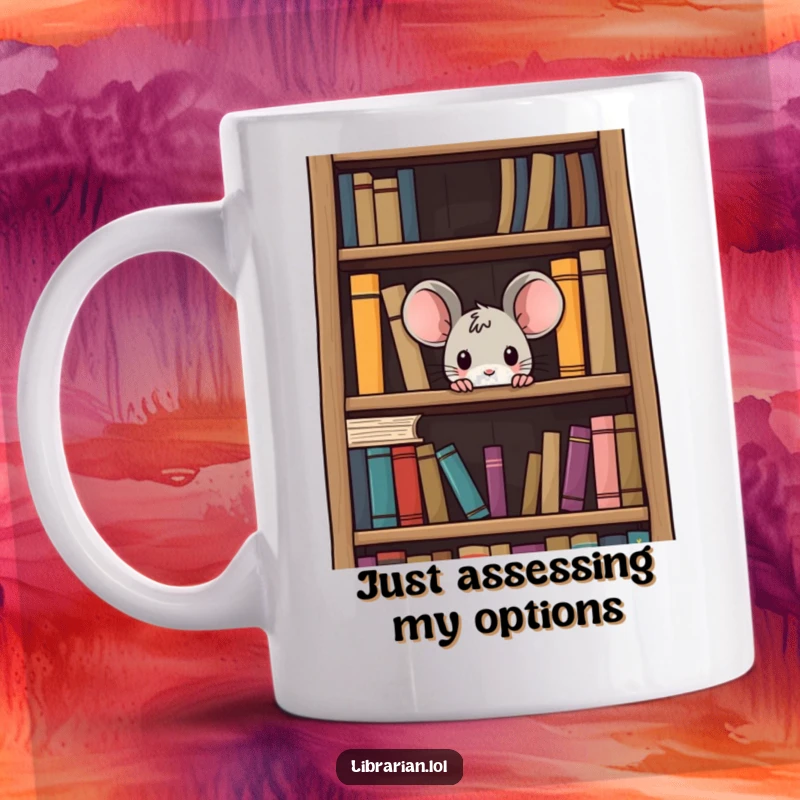Funny mouse mug showing a curious rodent peeking from a massive bookshelf gap, embodying a love for books and playful discovery.