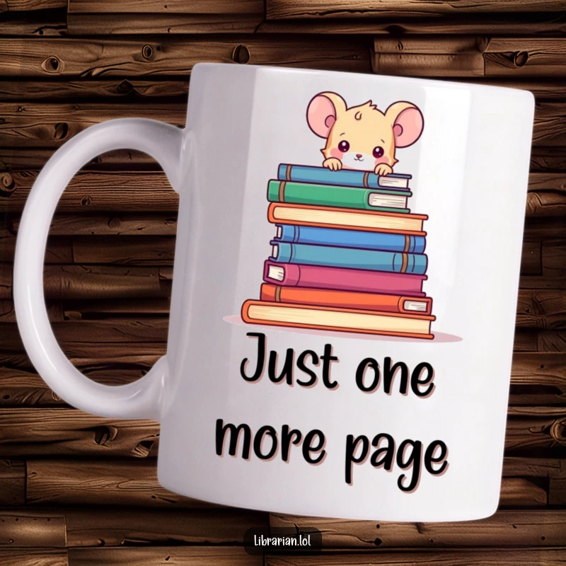 Funny mouse peeking over a huge stack of books, showing playful curiosity on this humorously designed mug.