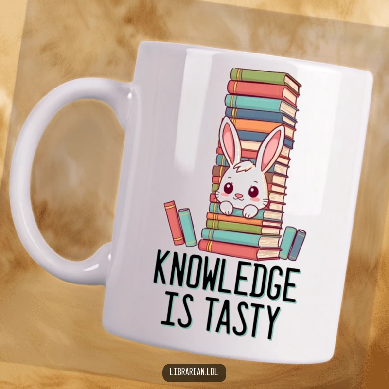 Funny curious bunny mug hiding behind a towering pile of encyclopedias, seeking knowledge.